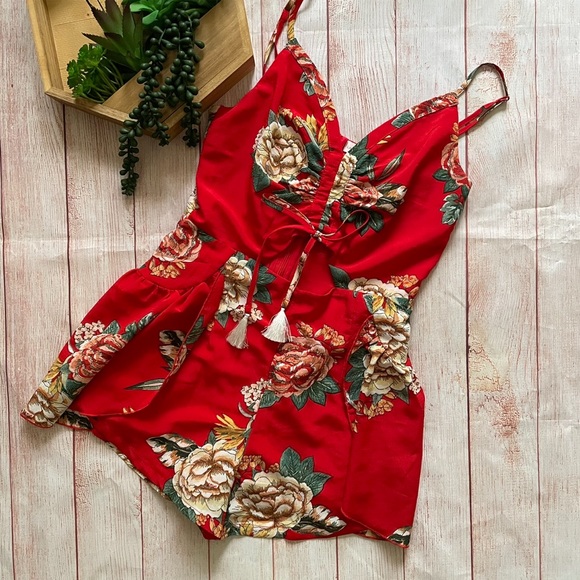 Lulus Pants - Lulu’s Red Floral Tassel Cutout Romper